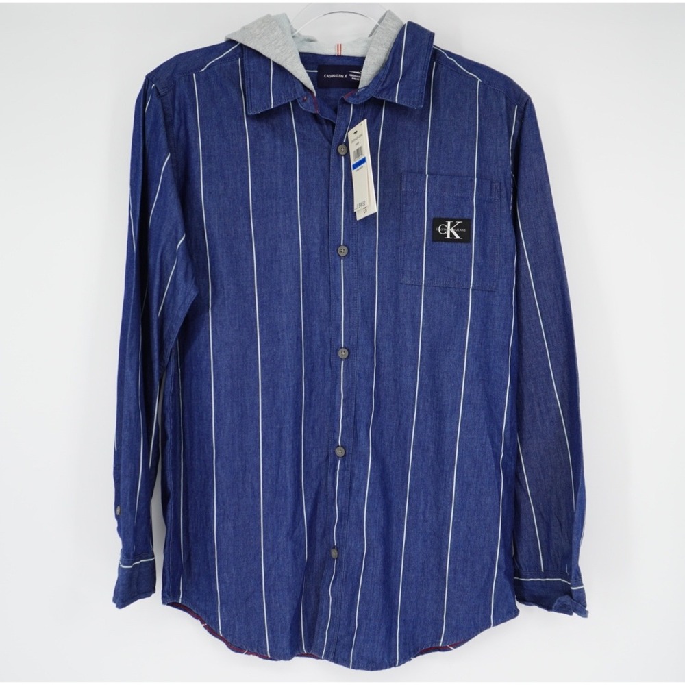 Calvin Klein Jeans‎ Mens Hooded Denim Shirt Indigo Pinstripe Blue XL 18/20 NEW